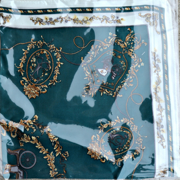 Silk square scarf with coaches motif in GREEN NWOT - Picture 2 of 3